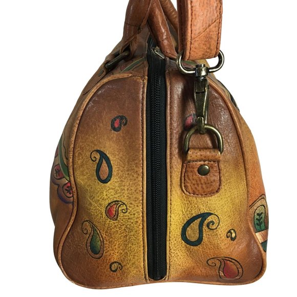 Anuschka NEVER USED Handpaint Leather Cross Body Saddle Brown Paisley - Picture 9 of 12